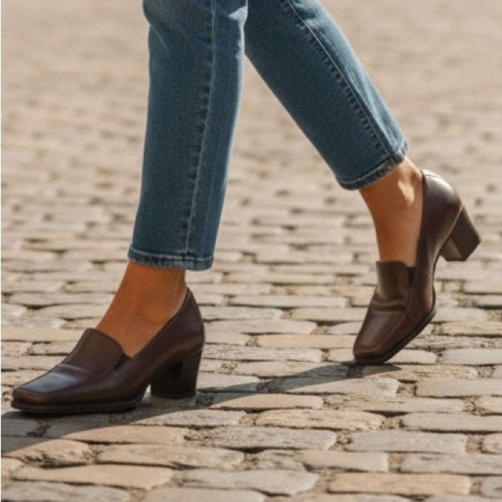 EASY SPIRIT (6.5) Brown Casual Leather Loafers Heels Padded Footbed Flex Elastic